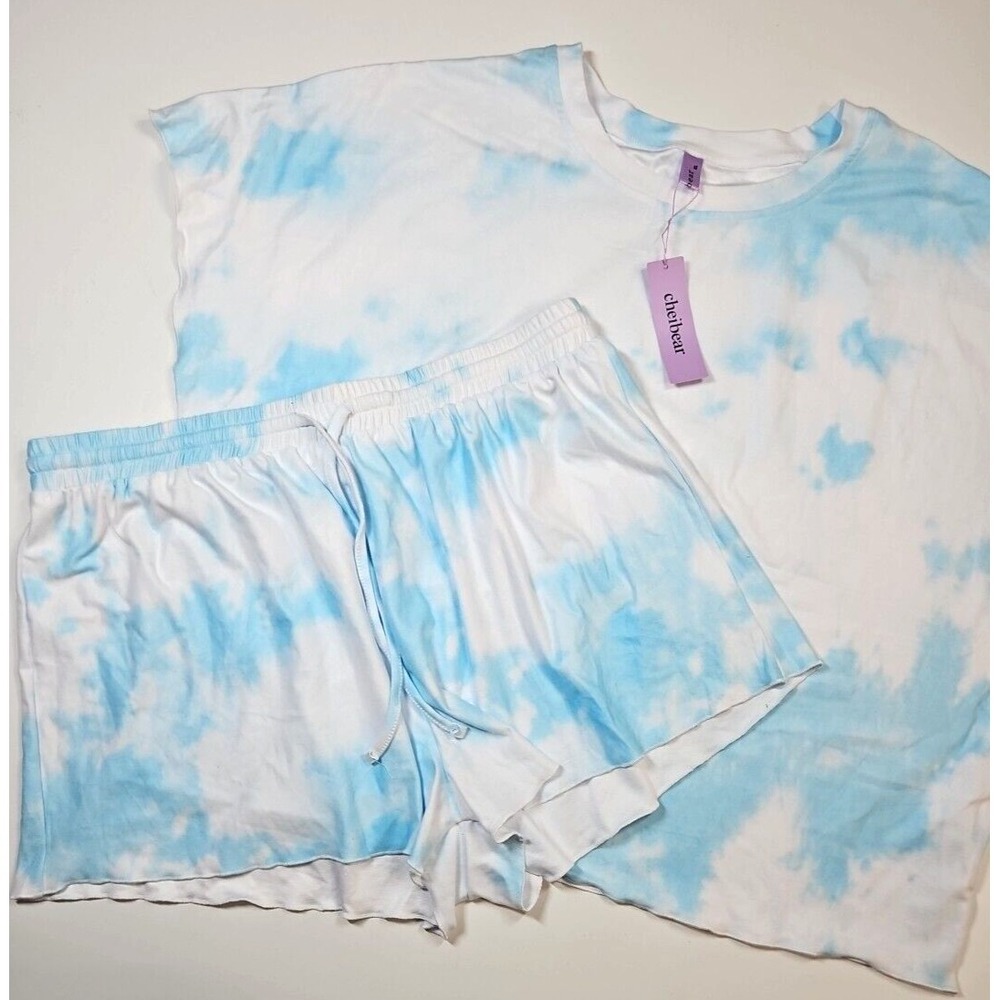 Cheibear‎ Women's Lightweight Soft Blue & White Two-Piece Pajama Set Size XL